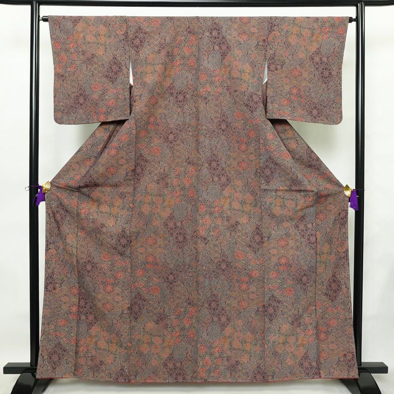 小紋 良品 しつけ糸付き 総柄 ポリエステル 幾何学柄・抽象柄 袷仕立て 身丈163.5cm 裄丈64cm リサイクル着物 着物 紫・藤色_画像1