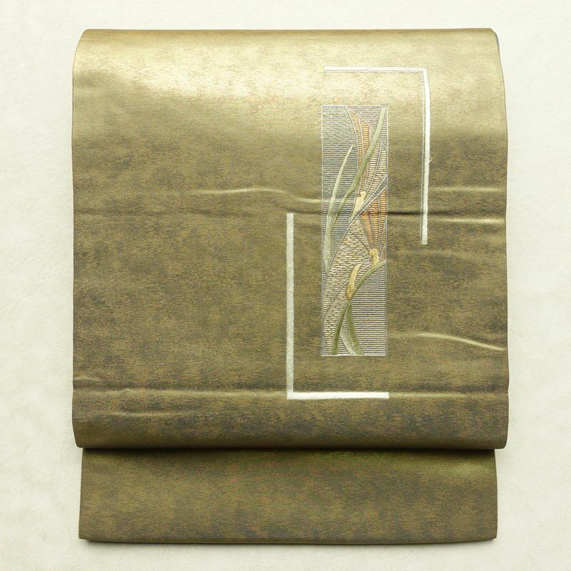 名古屋帯 太鼓柄 正絹 幾何学柄・抽象柄 通し仕立て なごや帯 リサイクル帯 帯 刺繍 引箔 グレー_画像1