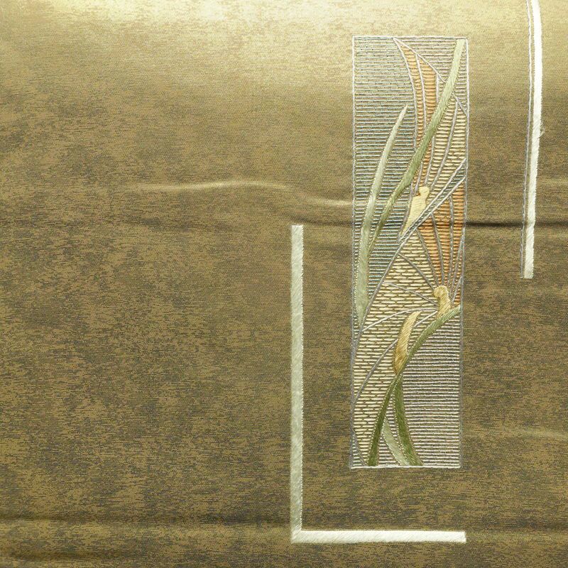 名古屋帯 太鼓柄 正絹 幾何学柄・抽象柄 通し仕立て なごや帯 リサイクル帯 帯 刺繍 引箔 グレー_画像2