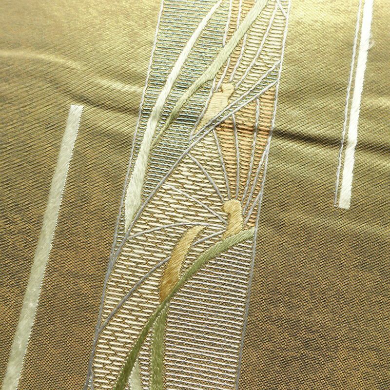 名古屋帯 太鼓柄 正絹 幾何学柄・抽象柄 通し仕立て なごや帯 リサイクル帯 帯 刺繍 引箔 グレー_画像4