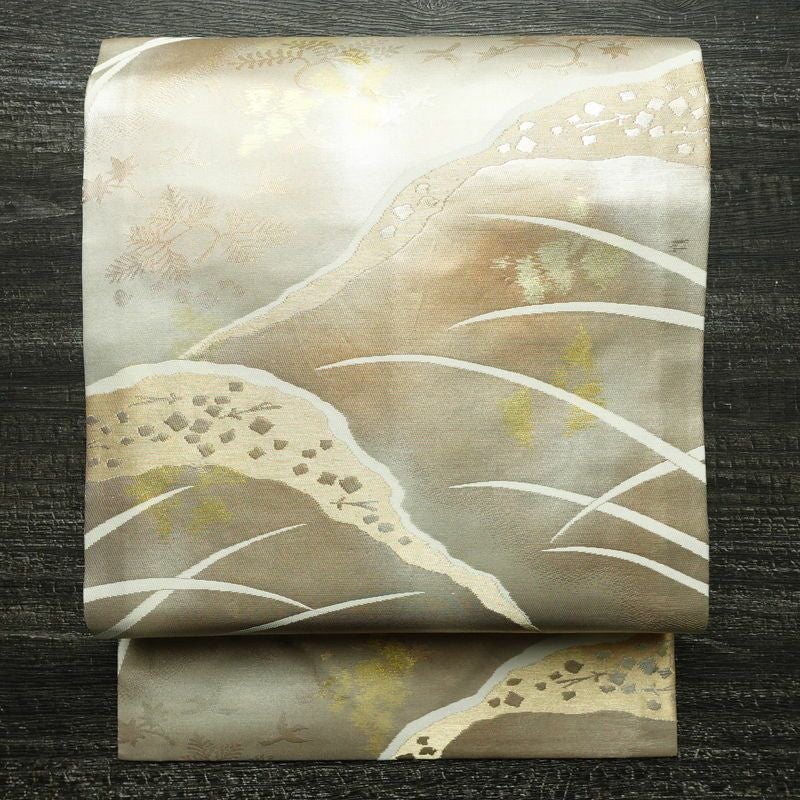 名古屋帯 太鼓柄 良品 正絹 木の葉・植物柄 名古屋仕立て なごや帯 リサイクル帯 帯 引箔 多色使い_画像1