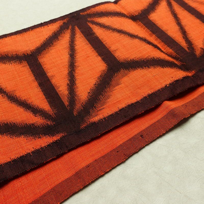 名古屋帯 太鼓柄 良品 正絹 麻の葉柄 通し仕立て なごや帯 リサイクル帯 帯 紬地 橙_画像11
