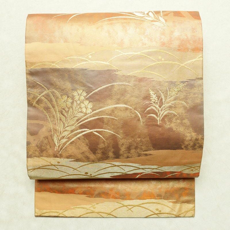 名古屋帯 太鼓柄 正絹 木の葉・植物柄 名古屋仕立て なごや帯 リサイクル帯 帯 引箔 橙_画像1