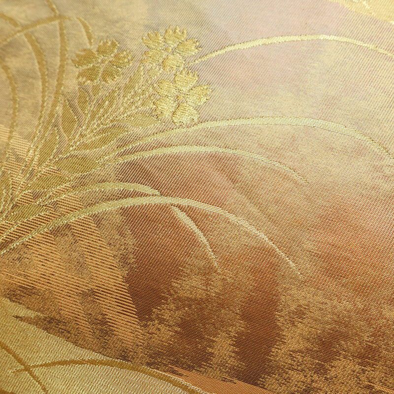 名古屋帯 太鼓柄 正絹 木の葉・植物柄 名古屋仕立て なごや帯 リサイクル帯 帯 引箔 橙_画像5