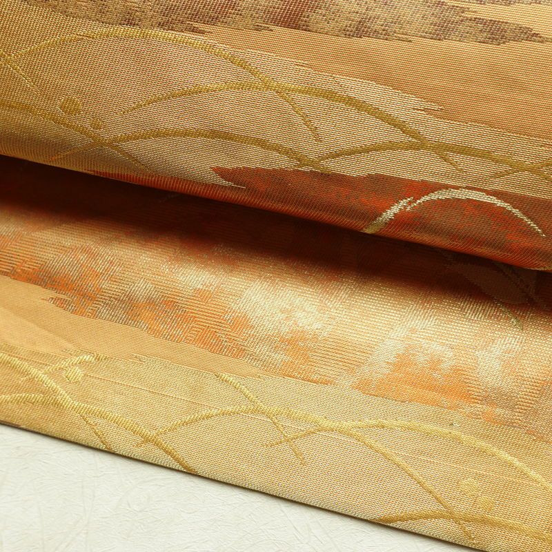名古屋帯 太鼓柄 正絹 木の葉・植物柄 名古屋仕立て なごや帯 リサイクル帯 帯 引箔 橙_画像7