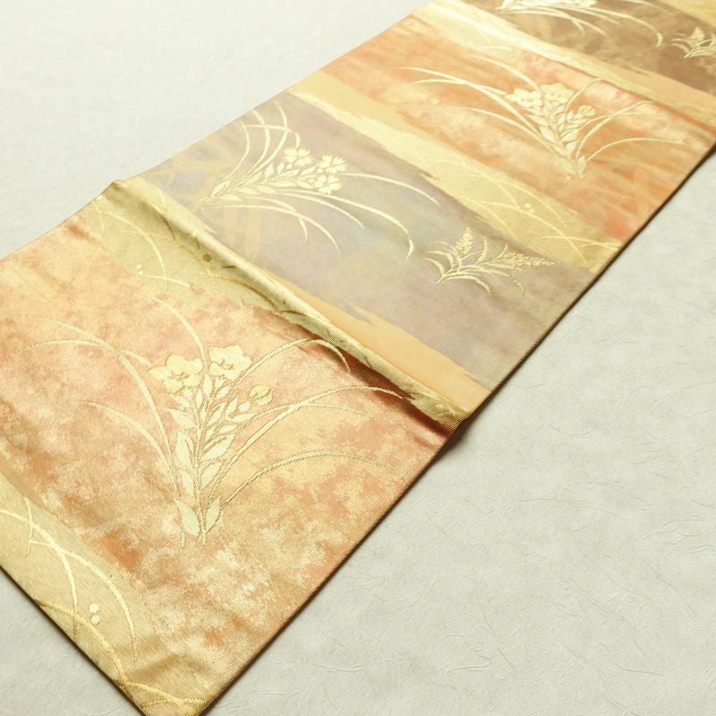 名古屋帯 太鼓柄 正絹 木の葉・植物柄 名古屋仕立て なごや帯 リサイクル帯 帯 引箔 橙_画像8