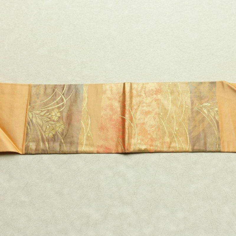 名古屋帯 太鼓柄 正絹 木の葉・植物柄 名古屋仕立て なごや帯 リサイクル帯 帯 引箔 橙_画像13