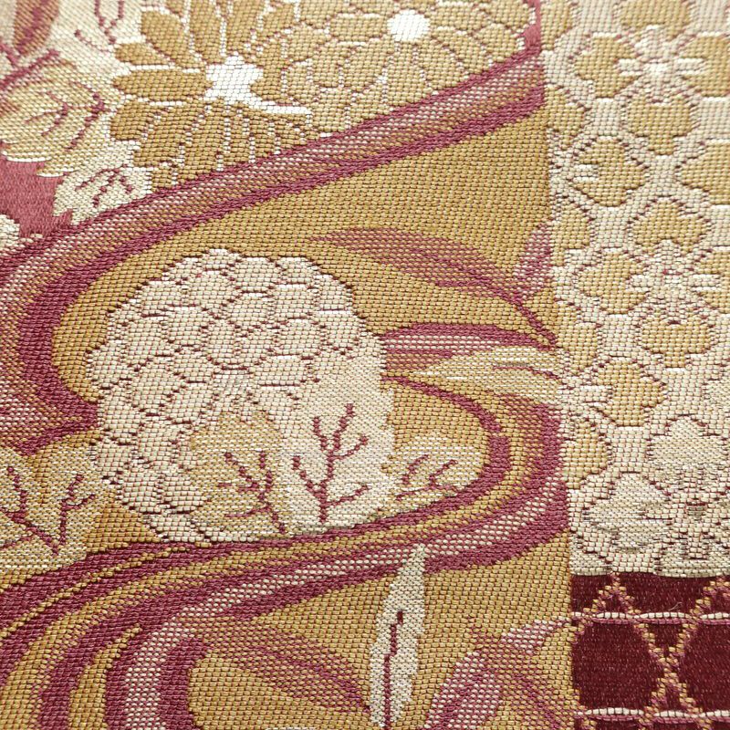 名古屋帯 六通柄 良品 正絹 古典柄 通し仕立て なごや帯 リサイクル帯 比翼仕立て 帯 赤紫 紫・藤色_画像4