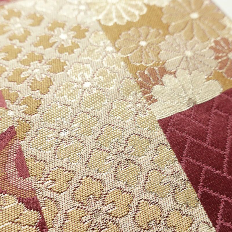 名古屋帯 六通柄 良品 正絹 古典柄 通し仕立て なごや帯 リサイクル帯 比翼仕立て 帯 赤紫 紫・藤色_画像5