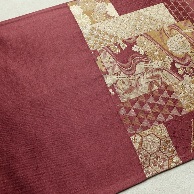 名古屋帯 六通柄 良品 正絹 古典柄 通し仕立て なごや帯 リサイクル帯 比翼仕立て 帯 赤紫 紫・藤色_画像16