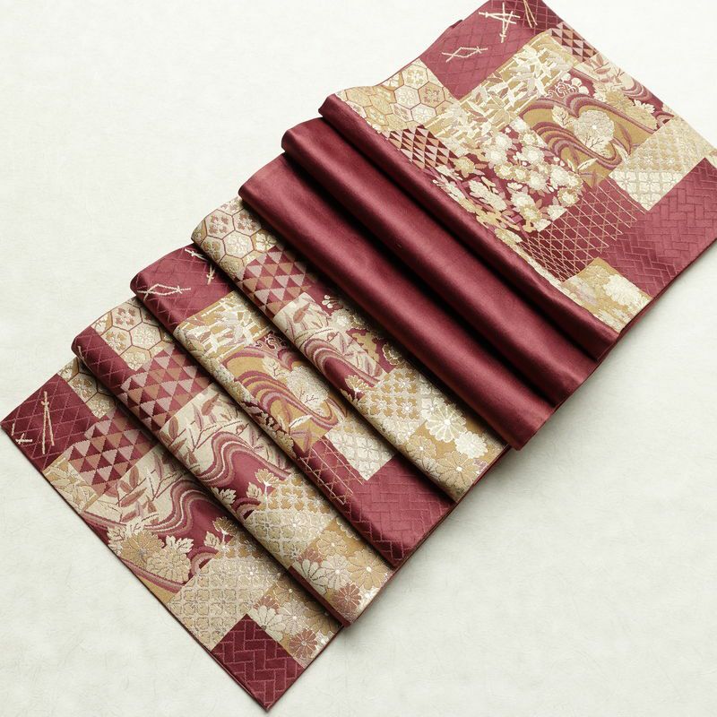 名古屋帯 六通柄 良品 正絹 古典柄 通し仕立て なごや帯 リサイクル帯 比翼仕立て 帯 赤紫 紫・藤色_画像18