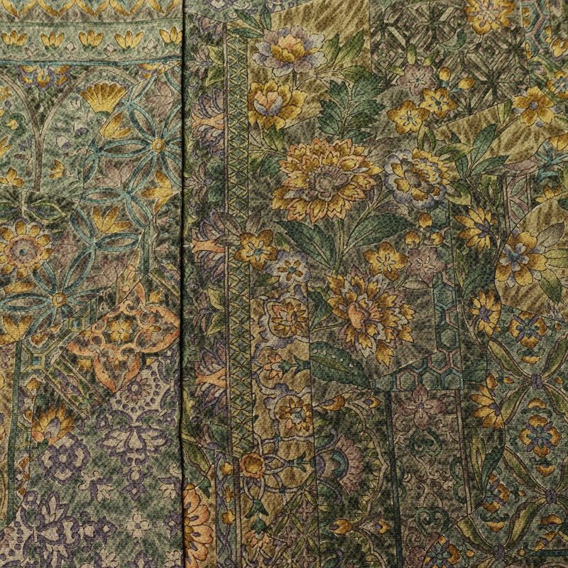 小紋 良品 縮緬 総柄 正絹 花柄 袷仕立て 身丈158cm 裄丈67cm リサイクル着物 着物 緑・うぐいす色_画像6