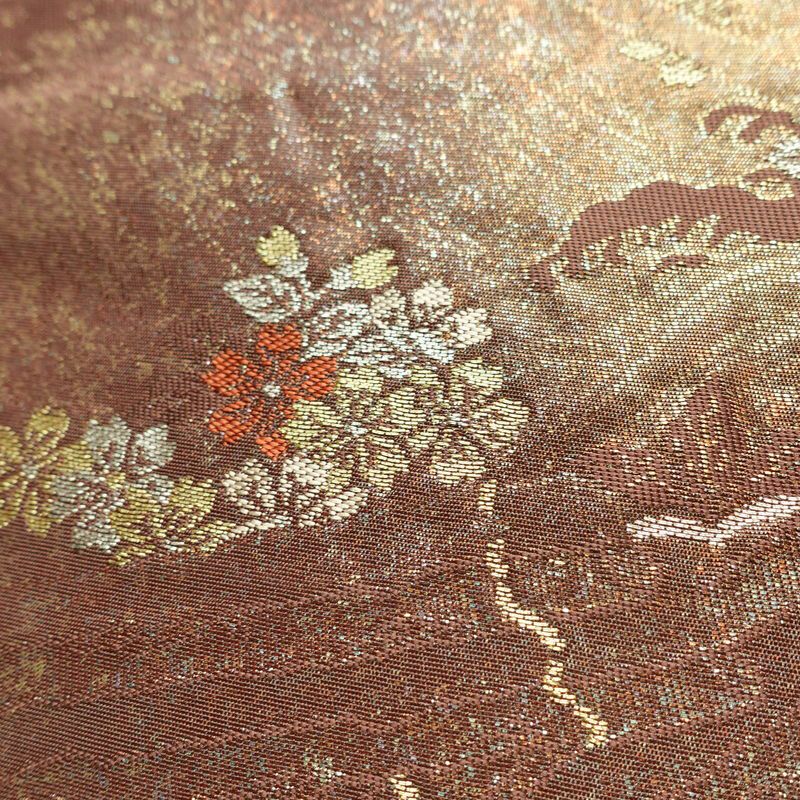 名古屋帯 六通柄 正絹 木の葉・植物柄 名古屋仕立て なごや帯 リサイクル帯 帯 箔 茶_画像6