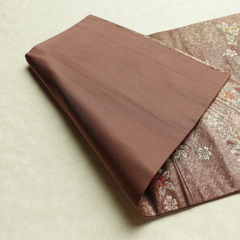 名古屋帯 六通柄 正絹 木の葉・植物柄 名古屋仕立て なごや帯 リサイクル帯 帯 箔 茶_画像9