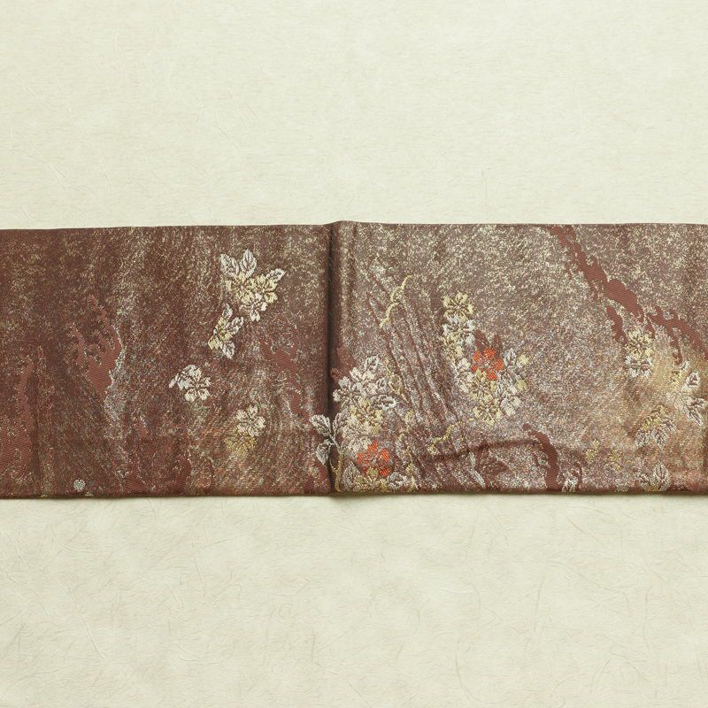 名古屋帯 六通柄 正絹 木の葉・植物柄 名古屋仕立て なごや帯 リサイクル帯 帯 箔 茶_画像13