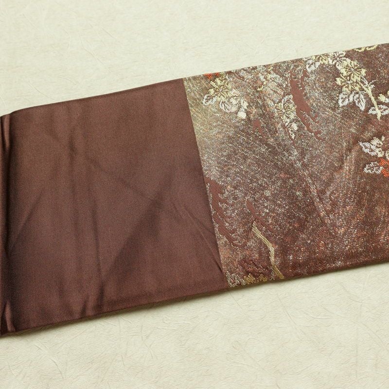 名古屋帯 六通柄 正絹 木の葉・植物柄 名古屋仕立て なごや帯 リサイクル帯 帯 箔 茶_画像15