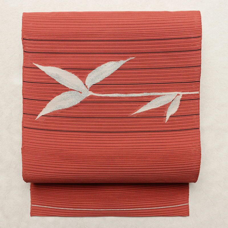 名古屋帯 太鼓柄 良品 夏用 正絹 木の葉・植物柄 名古屋仕立て 銀糸 シンプル ピンク_画像1