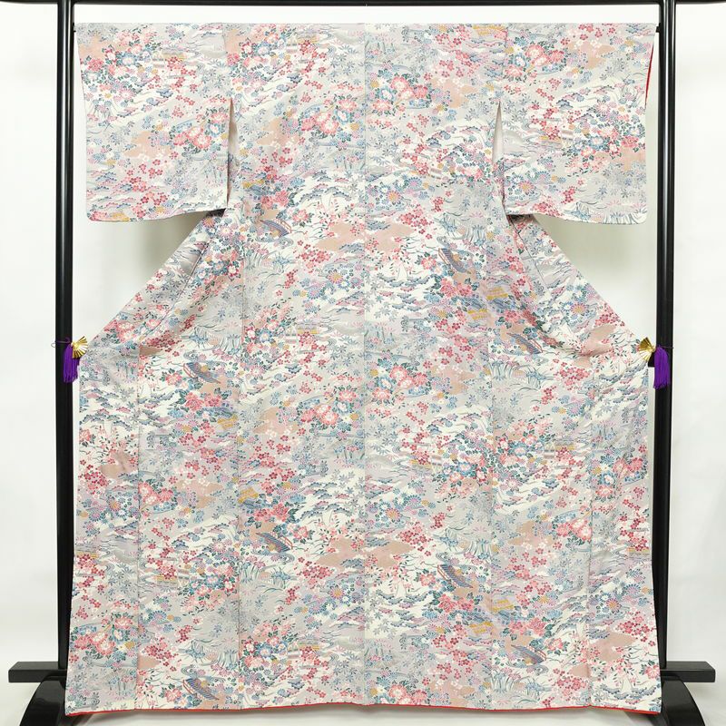 小紋 良品 しつけ糸付き 縮緬 正絹 花柄 袷仕立て 身丈162.5cm 裄丈66cm リサイクル着物 着物 金彩 多色使い_画像1