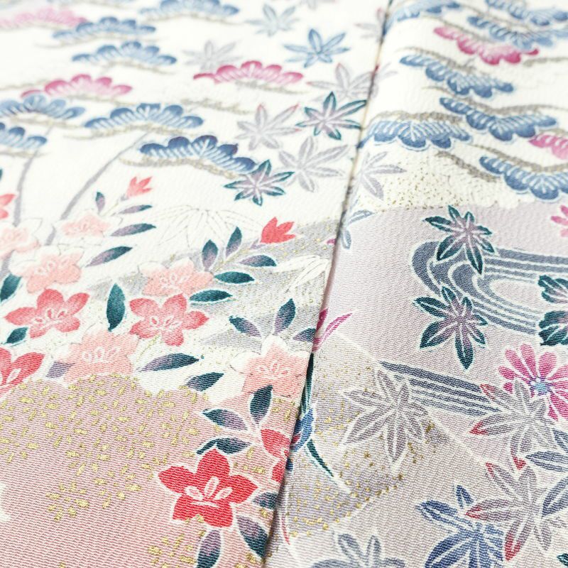 小紋 良品 しつけ糸付き 縮緬 正絹 花柄 袷仕立て 身丈162.5cm 裄丈66cm リサイクル着物 着物 金彩 多色使い_画像9