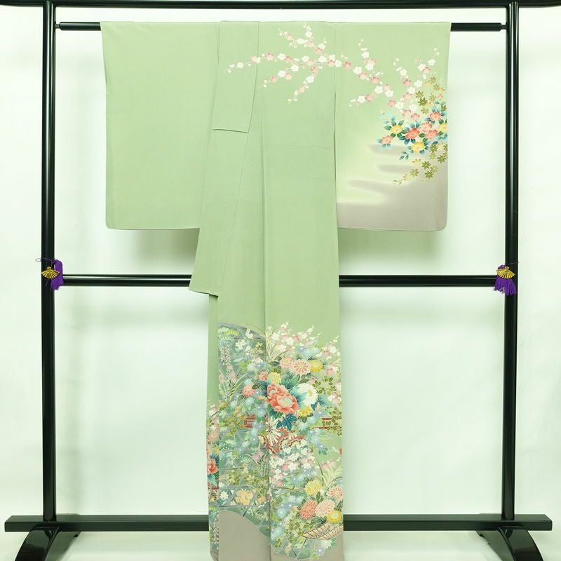 訪問着 縮緬 正絹 花柄 袷仕立て 身丈163cm 裄丈66cm リサイクル着物 着物 入学式 卒業式 七五三 お宮参り フォーマル 緑・うぐいす色_画像2