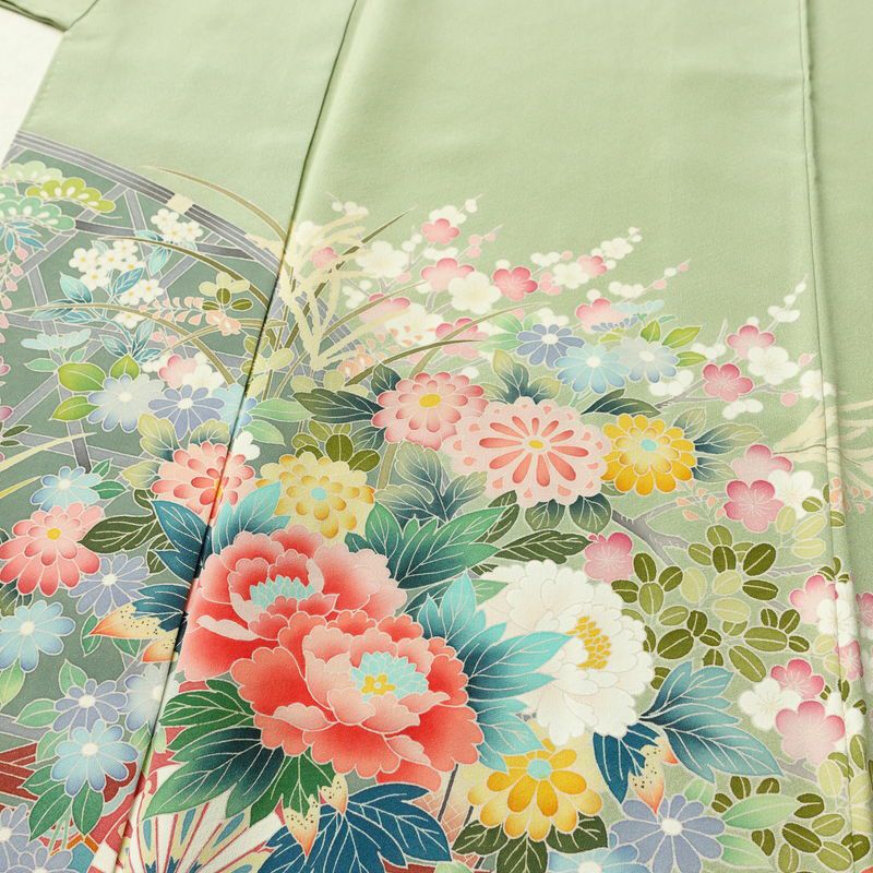 訪問着 縮緬 正絹 花柄 袷仕立て 身丈163cm 裄丈66cm リサイクル着物 着物 入学式 卒業式 七五三 お宮参り フォーマル 緑・うぐいす色_画像5