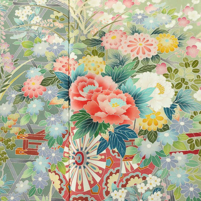 訪問着 縮緬 正絹 花柄 袷仕立て 身丈163cm 裄丈66cm リサイクル着物 着物 入学式 卒業式 七五三 お宮参り フォーマル 緑・うぐいす色_画像6