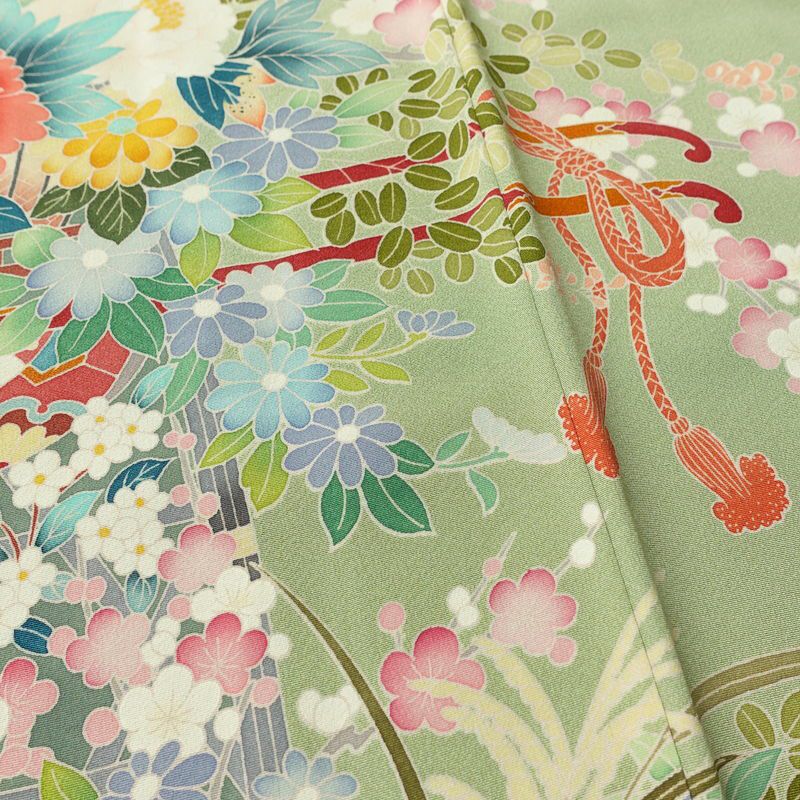 訪問着 縮緬 正絹 花柄 袷仕立て 身丈163cm 裄丈66cm リサイクル着物 着物 入学式 卒業式 七五三 お宮参り フォーマル 緑・うぐいす色_画像9