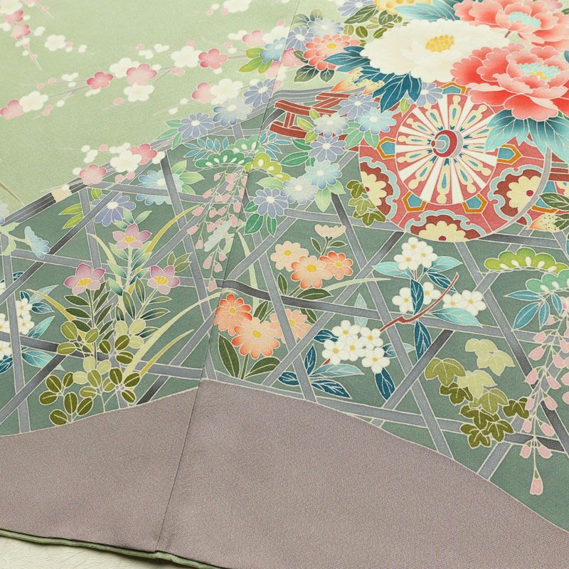 訪問着 縮緬 正絹 花柄 袷仕立て 身丈163cm 裄丈66cm リサイクル着物 着物 入学式 卒業式 七五三 お宮参り フォーマル 緑・うぐいす色_画像10