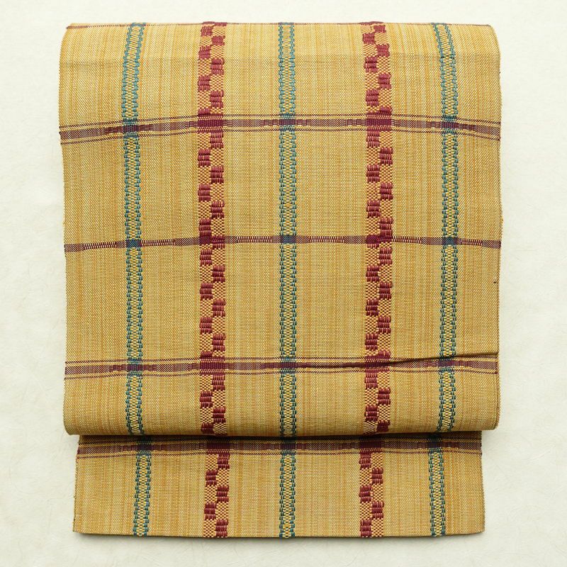 名古屋帯 全通柄 良品 正絹 チェック・格子柄 松葉仕立て なごや帯 リサイクル帯 帯 カジュアル 黄・黄土色_画像1