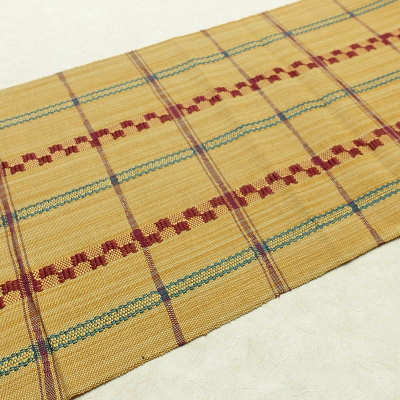 名古屋帯 全通柄 良品 正絹 チェック・格子柄 松葉仕立て なごや帯 リサイクル帯 帯 カジュアル 黄・黄土色_画像11