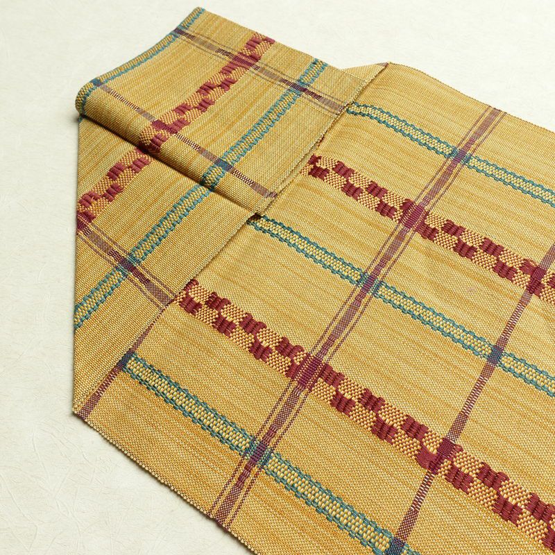 名古屋帯 全通柄 良品 正絹 チェック・格子柄 松葉仕立て なごや帯 リサイクル帯 帯 カジュアル 黄・黄土色_画像15