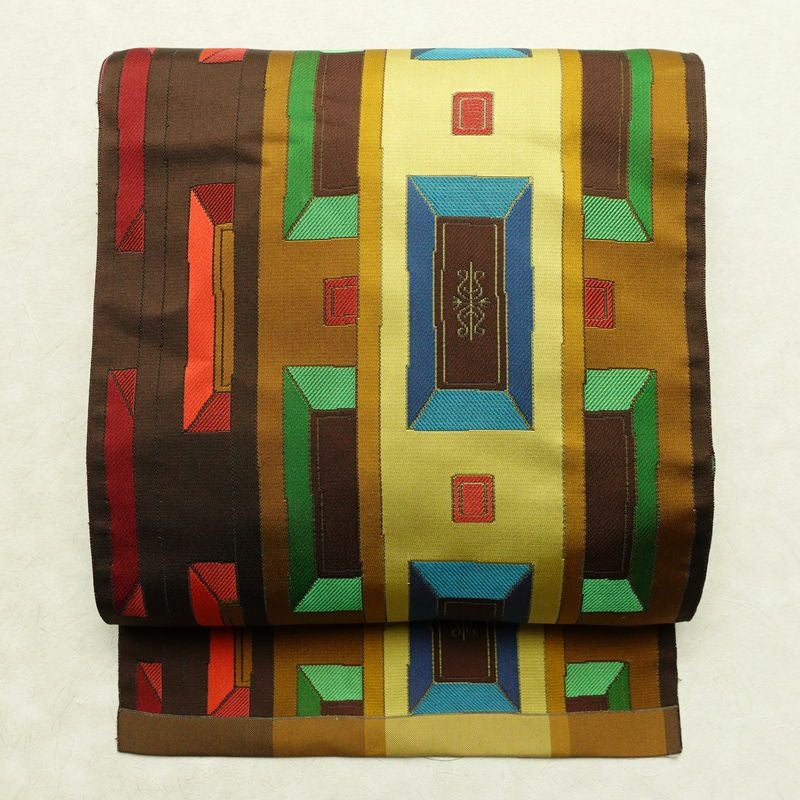 名古屋帯 六通柄 正絹 幾何学柄・抽象柄 名古屋仕立て なごや帯 リサイクル帯 帯 モダン 茶_画像1