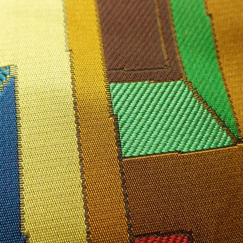 名古屋帯 六通柄 正絹 幾何学柄・抽象柄 名古屋仕立て なごや帯 リサイクル帯 帯 モダン 茶_画像4