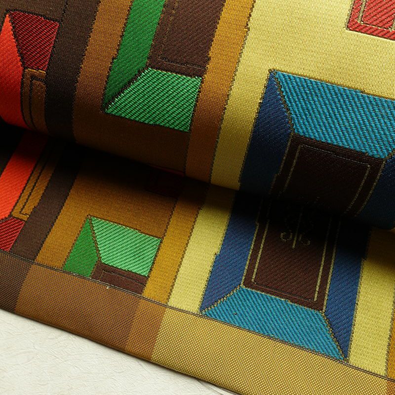 名古屋帯 六通柄 正絹 幾何学柄・抽象柄 名古屋仕立て なごや帯 リサイクル帯 帯 モダン 茶_画像7