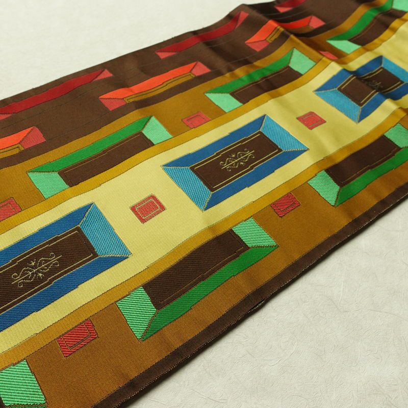 名古屋帯 六通柄 正絹 幾何学柄・抽象柄 名古屋仕立て なごや帯 リサイクル帯 帯 モダン 茶_画像10