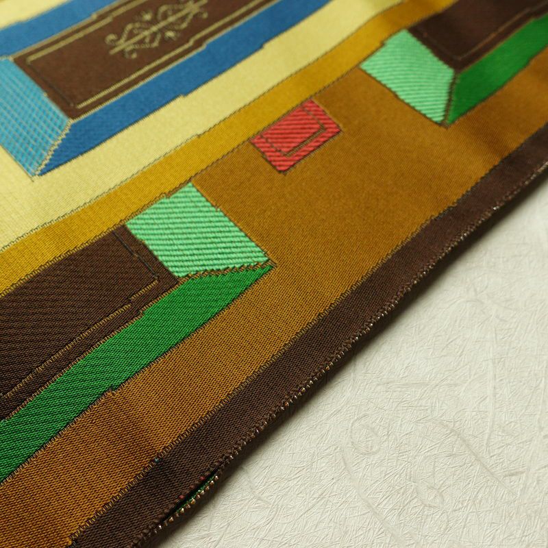 名古屋帯 六通柄 正絹 幾何学柄・抽象柄 名古屋仕立て なごや帯 リサイクル帯 帯 モダン 茶_画像11