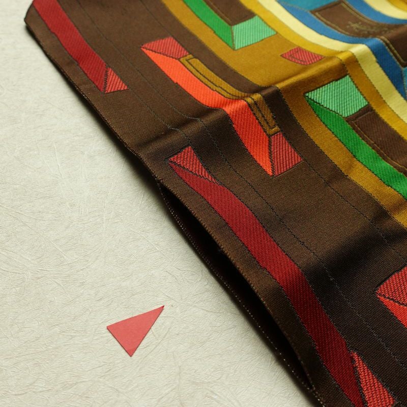 名古屋帯 六通柄 正絹 幾何学柄・抽象柄 名古屋仕立て なごや帯 リサイクル帯 帯 モダン 茶_画像13