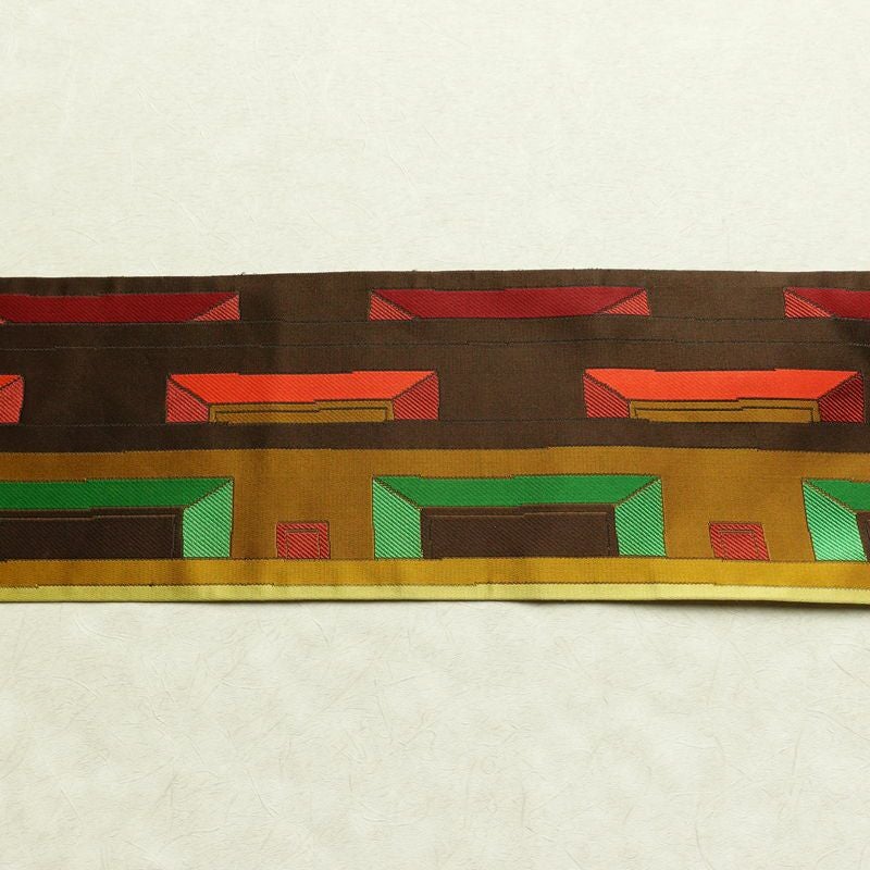名古屋帯 六通柄 正絹 幾何学柄・抽象柄 名古屋仕立て なごや帯 リサイクル帯 帯 モダン 茶_画像14