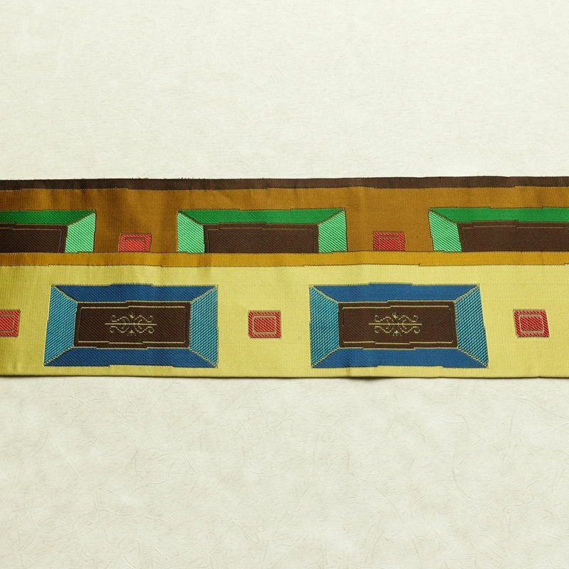 名古屋帯 六通柄 正絹 幾何学柄・抽象柄 名古屋仕立て なごや帯 リサイクル帯 帯 モダン 茶_画像15