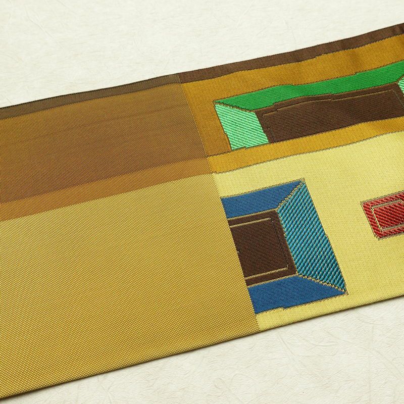 名古屋帯 六通柄 正絹 幾何学柄・抽象柄 名古屋仕立て なごや帯 リサイクル帯 帯 モダン 茶_画像16