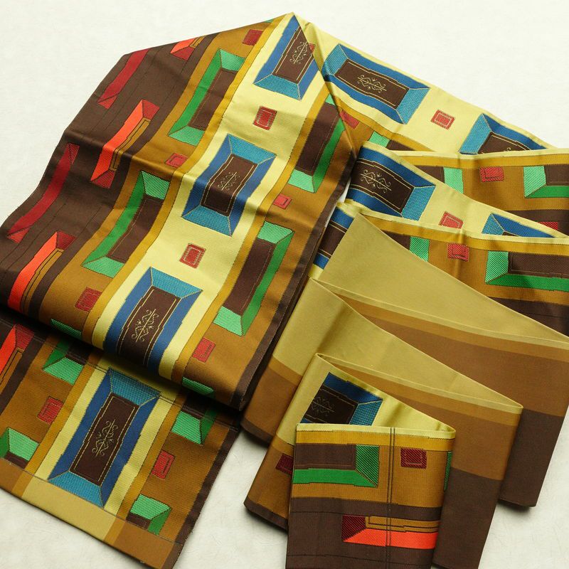 名古屋帯 六通柄 正絹 幾何学柄・抽象柄 名古屋仕立て なごや帯 リサイクル帯 帯 モダン 茶_画像18