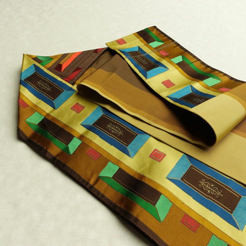 名古屋帯 六通柄 正絹 幾何学柄・抽象柄 名古屋仕立て なごや帯 リサイクル帯 帯 モダン 茶_画像21