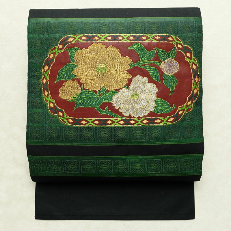 名古屋帯 太鼓柄 正絹 花柄 名古屋仕立て なごや帯 リサイクル帯 帯 黒_画像1