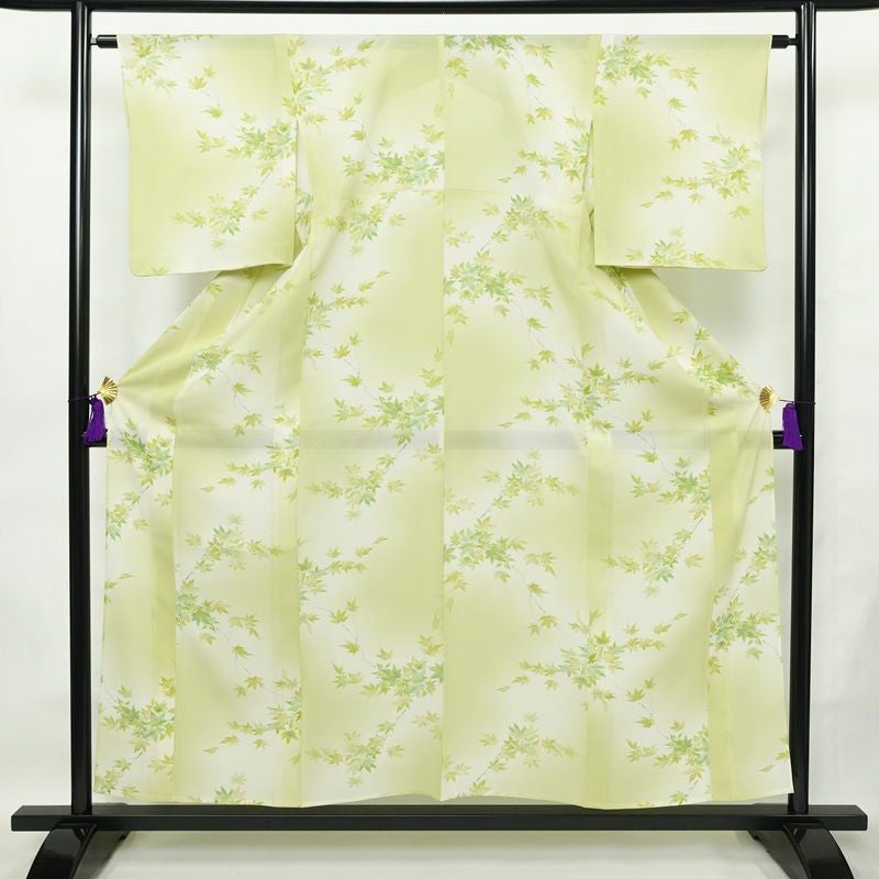 盛夏 絽 小紋 夏用 バチ衿仕立て 正絹 木の葉・植物柄 単衣仕立て 身丈155.5cm 裄丈63cm リサイクル着物 着物 紅葉 緑・うぐいす色_画像1