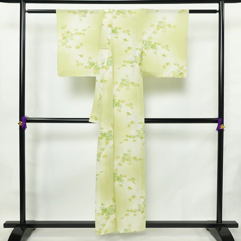 盛夏 絽 小紋 夏用 バチ衿仕立て 正絹 木の葉・植物柄 単衣仕立て 身丈155.5cm 裄丈63cm リサイクル着物 着物 紅葉 緑・うぐいす色_画像2