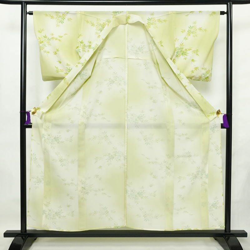 盛夏 絽 小紋 夏用 バチ衿仕立て 正絹 木の葉・植物柄 単衣仕立て 身丈155.5cm 裄丈63cm リサイクル着物 着物 紅葉 緑・うぐいす色_画像3