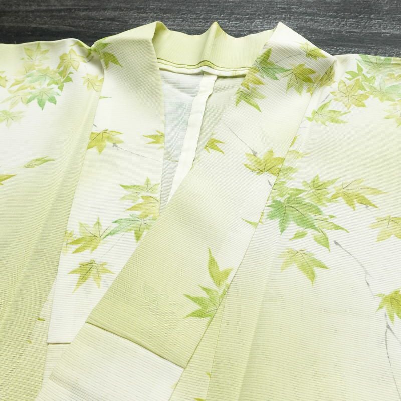 盛夏 絽 小紋 夏用 バチ衿仕立て 正絹 木の葉・植物柄 単衣仕立て 身丈155.5cm 裄丈63cm リサイクル着物 着物 紅葉 緑・うぐいす色_画像16