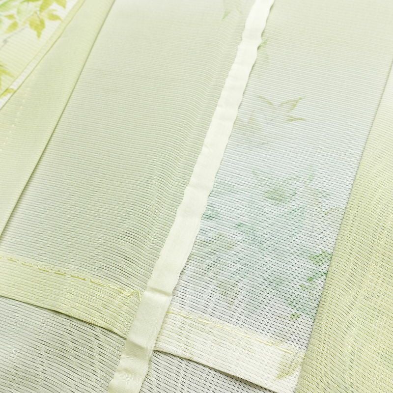 盛夏 絽 小紋 夏用 バチ衿仕立て 正絹 木の葉・植物柄 単衣仕立て 身丈155.5cm 裄丈63cm リサイクル着物 着物 紅葉 緑・うぐいす色_画像17