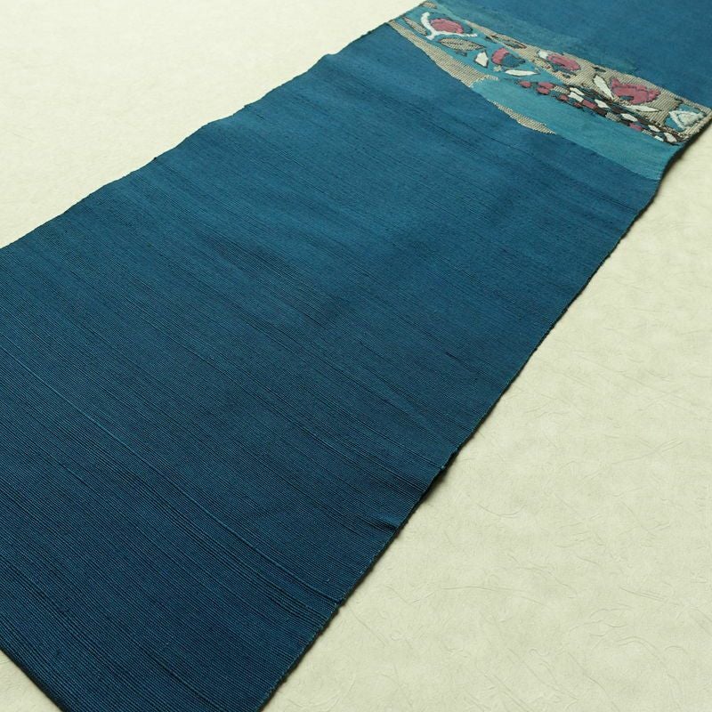 名古屋帯 太鼓柄 正絹 花柄 名古屋仕立て なごや帯 リサイクル帯 帯 モダン 青・紺_画像10