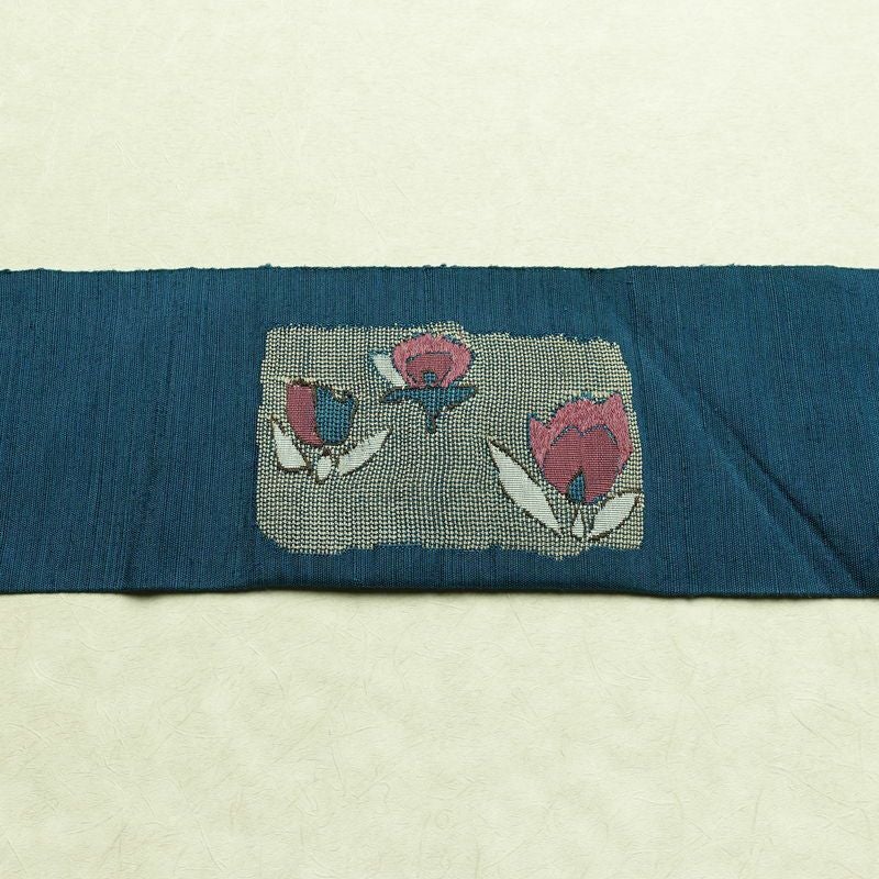 名古屋帯 太鼓柄 正絹 花柄 名古屋仕立て なごや帯 リサイクル帯 帯 モダン 青・紺_画像15